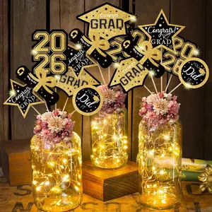 Graduation Decorations Class of 2026-30pcs Black and Gold Graduation Table Centerpieces Sticks Table Toppers with Lights for College High School Congrats Grad Party Supplies