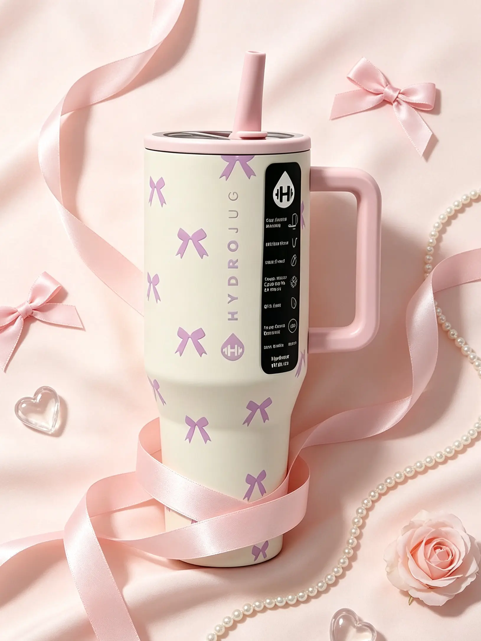 HydroJug 40oz Traveler Stainless Steel Sports Water Bottle, Pink Bow Print Design Ergonomic Handle, BPA-Free Ideal for Sports, Casual Daily Use, Outdoor Activities & Fitness