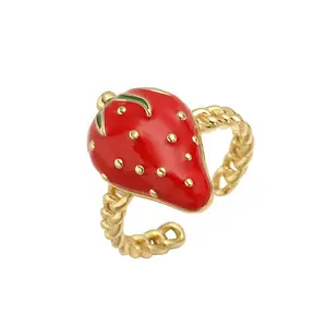 Adjustable Strawberry Rings, Cute Enamel Gold Plated Fruit Open Rings for Women, Sweet Dainty Jewelry Gift for Girls