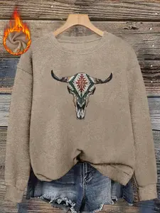 Women's Fall Winter Round Neck Faux Fur Top, Plush Warm Soft Fabric, Western Bull Head Totem Print, Retro Stylish Comfortable Daily Wear
