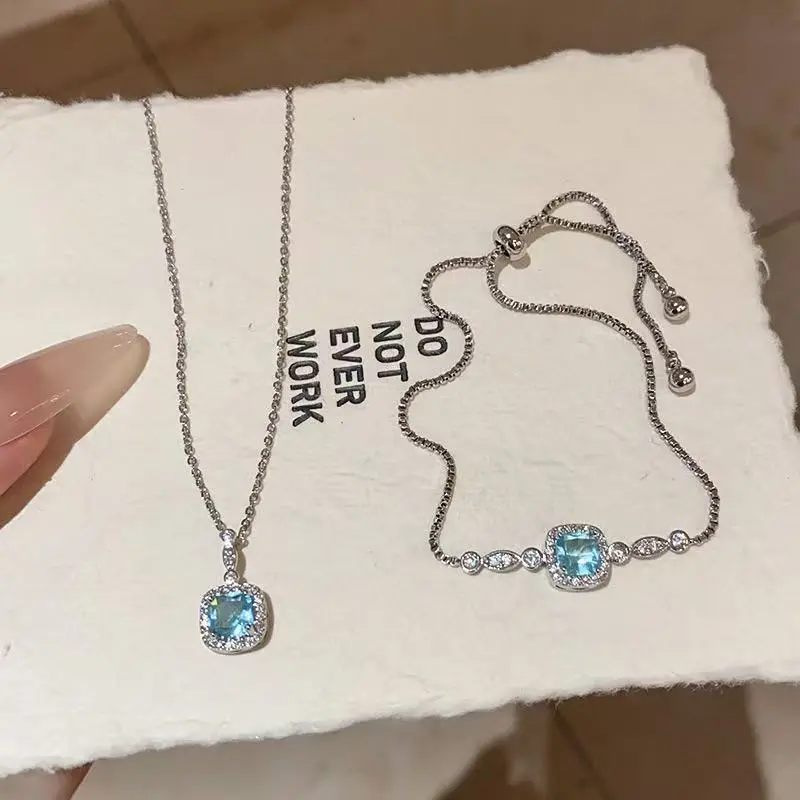 Korean Minimalist Bracelet with Sea Blue Square Zircon, Gold Plated Adjustable Bangle for Women, Fashion Gift, Korean Bracelets & Bangles, Blue Rhinestone Bracelets & Bangles