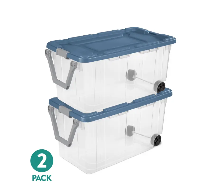 Sterilite Extra-Large Wheeled Rugged Storage Bin, 160 Quart Durable Clear Storage Container with Latching Lid and Pull Handle, Blue, 2 Pack