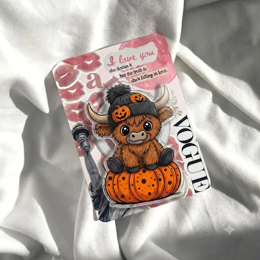 Cow Pumpkin Phone Grip, Cute Halloween Acrylic Phone Holder, Orange Fall Cow Design | Rustic Western Autumn Accessory for Cow Lovers and Farmhouse Fans