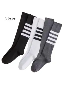 Women Striped Calf Socks, Classic Three Stripe Design, Soft & Comfortable Fabric, Perfect for Daily Wear, Stylish Casual Footwear