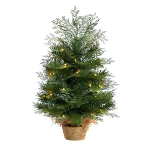 2’ Artificial Christmas Tree with Burlap Base, 35 Warm White LED Lights – Nature-Infused Home Decor Ornaments for Room Decor