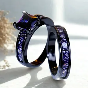 Engagement Ring, Women’s Purple Geometric Stone Wedding Ring Set | Casual Daily Wear Copper Alloy Band with Sparkling Stones, Daily Wear, Valentine Day Gift, Mother's Day, Christmas Party, Birthday