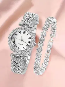 Women's Elegant Rhinestone Decorated Watch & Bracelet, Exquisite Trendy Quartz Wristwatch & Bracelet, Fashionable Jewelry Watch Set As Gift for Women with Box