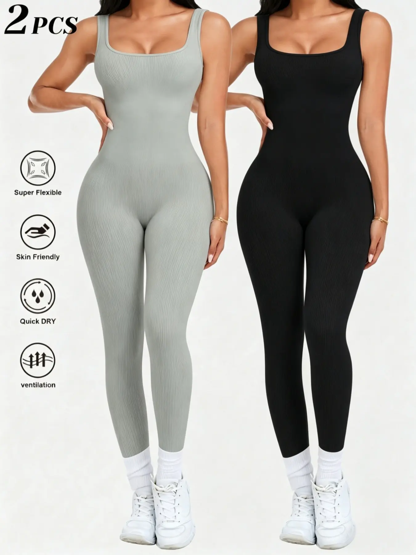 1/2 Pcs Womens Workout Rompers Jumpsuits Stretchy Jumpsuit Seamless Ribbed Fitted Jumpsuit Tight Yoga Jumpsuit Yoga Gym One Piece Sleeveless Square Neck Tank Top Leggings Unitard Sports Jumpsuit