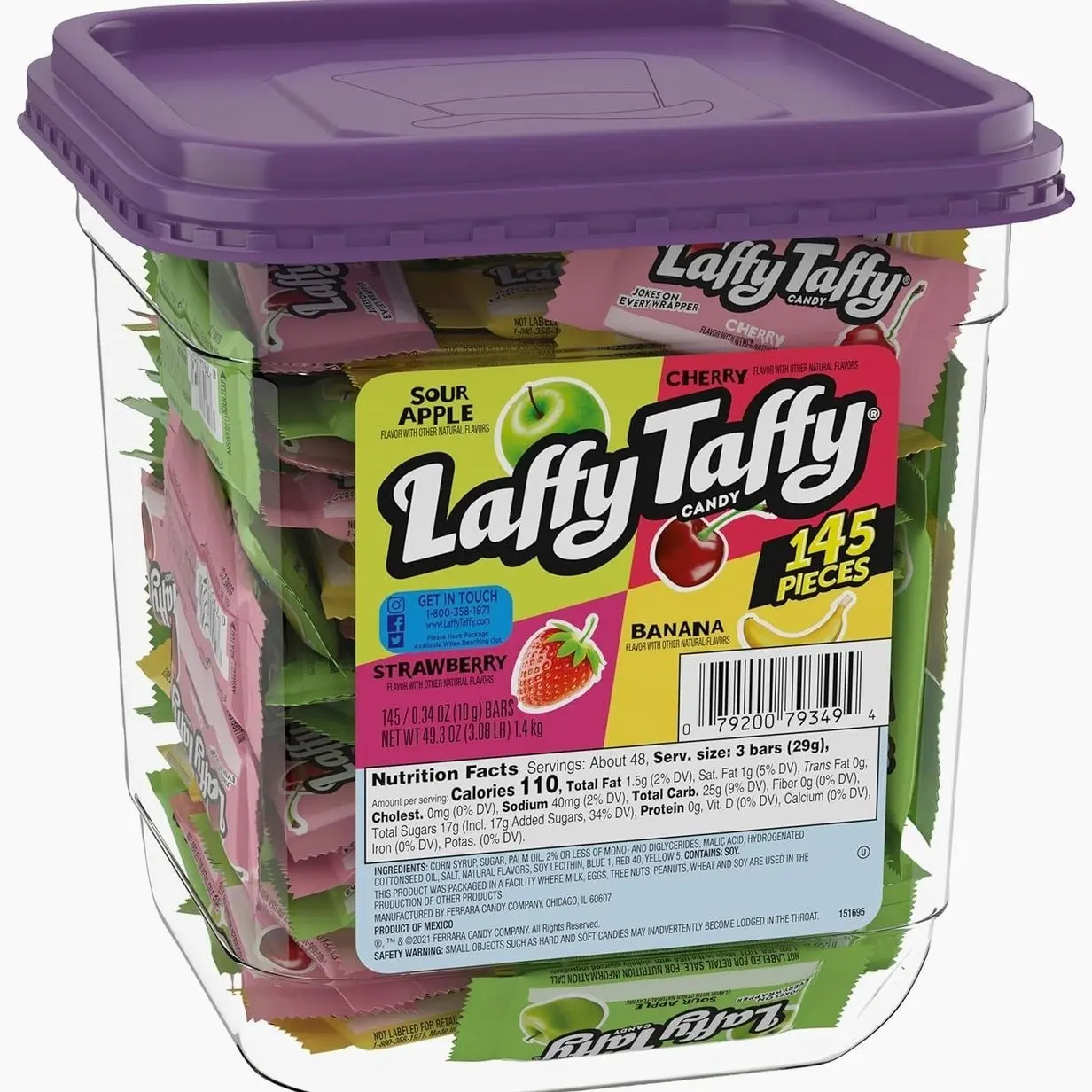 Laffy Taffy Candy, Assorted Fruit Flavored Taffy Candy, Sour Apple, Cherry, Strawberry & Banana Flavors (145 Pieces), 49.3 Ounce