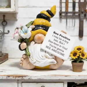Hand-Painted Resin Positive Bee Gnome Figurine - Farmhouse Home Office Desk Decor, Inspirational Gift for Women Bee Lovers july art ornament cute artificial statue single piece craft model lucky dummy unique accessory collectible