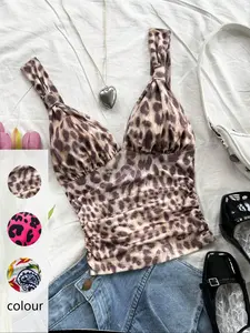 Women's Leopard Print Ruched Strappy Tank Top, Casual Boho Fitted Backless Sleeveless Strap Top for Summer, Ladies Clothes for Daily Wear, Womenswear, Chic Sleeveless Summer Tops, Bohemian Tops