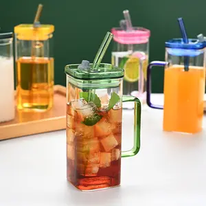 Glass Cups with Lids & Straws, Square Drinking Glasses with Lids, Clear Highball Tumblers for Cocktail, Coffee, Juice, Beer, Modern Mixed Drinkware Jars