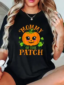 100% Cotton Unisex Mommy Pumpkin of the Patch Matching Family Set Mom Halloween T-Shirt，Autumn women's short-sleeved, Thanksgiving and Halloween maple leaf pattern T-shirt