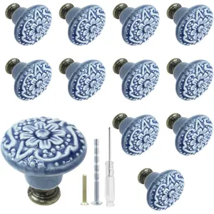 12 Pcs Light Blue Vintage Round Ceramic Cabinet Knobs and Pulls for Drawer, Cupboard, Closet Door