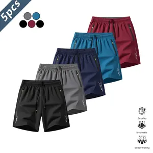 Men’s quick-dry lightweight breathable shorts, 5-pack, casual athletic style, wrinkle-resistant polyester blend fabric, solid color with reflective lightning stripe accents, suitable for running, basketball, and fitness training. SpringStatements