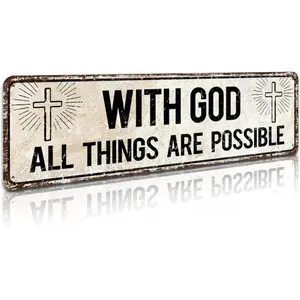 With God All Things Are Possible,Religious Wall Decor,Scripture Wall Art,Catholic Christian Gifts for Men, 4" by 16"  Plaque for Home, Religious Decoration