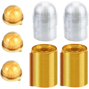 YUDONG 2 Inch 50 Pack Clear Plastic Mini Cupcake Containers Individual Packaging Mini Cupcake Holder, Disposable Treat Boxes with Dome Lids for Muffin Mooncake Cake Macaron (golden)