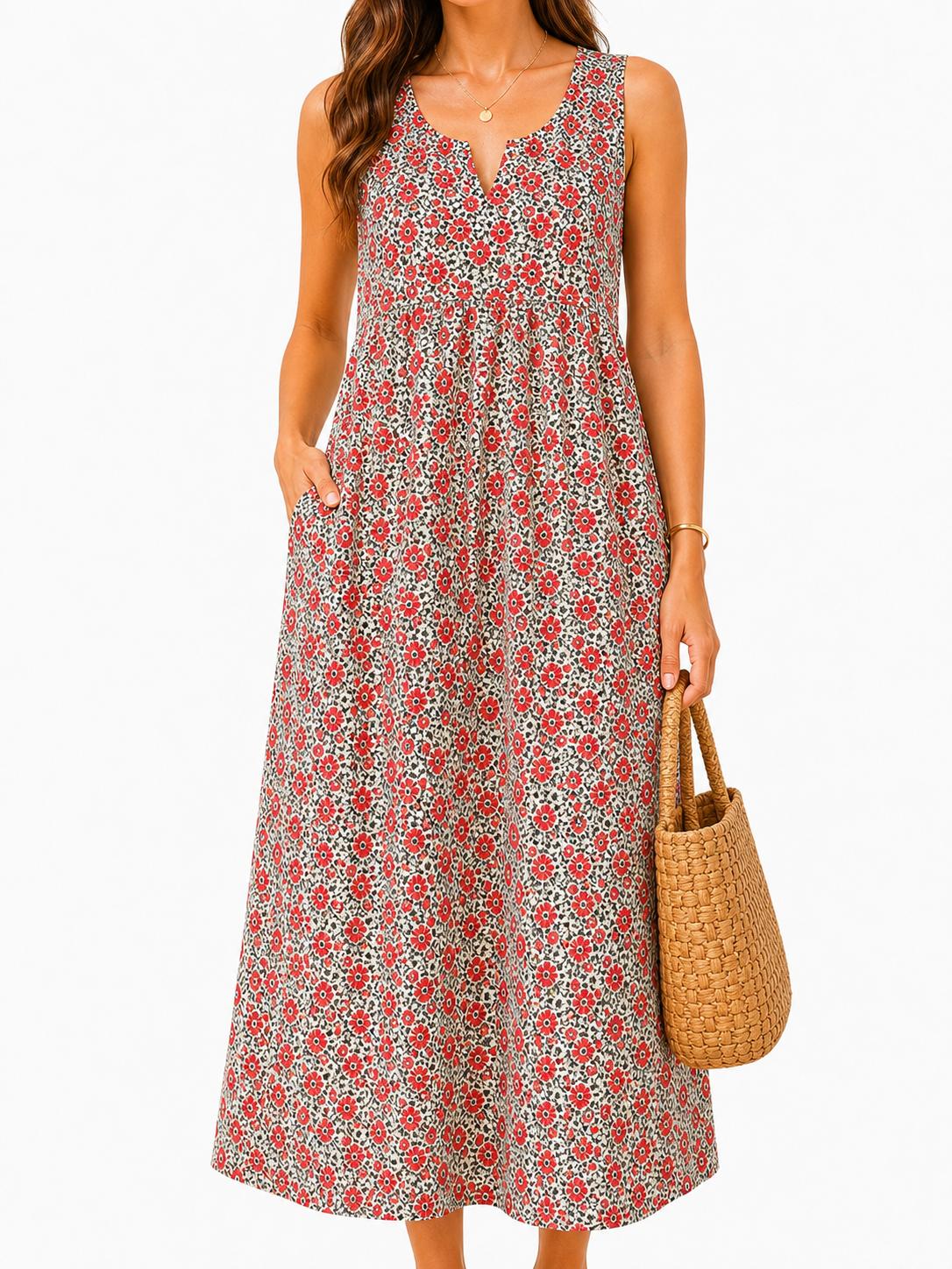 Polka Pockets Long Dress Sleeveless Berry Garden Sleeveless Maxi Dress Casual Summer Vacation Dress Womenswear Fitted Vneck