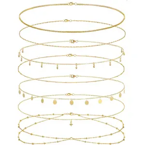 Women's 8-Piece 18 Karat Gold-Plated Adjustable Waist Chains - Layered Body Jewelry with Satellite Beads, Coin Sequins, Octagram Stars, Box Links - Summer Beach Bikini Accessory, Gold & Silver Tone Gifts, Layered Chains
