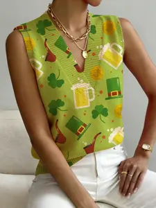Women's St Patrick's Day Clover Print V Neck Sleeveless Knit Sweater Vest, Casual Breathable Colorblock Top for Spring Summer Fall