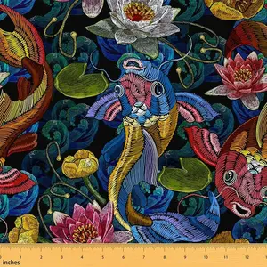 Feelyou Colored Synthetic Koi Fish Fabric by the Yd, Vintage Japanese-Style Upholstery Textile with Oriental Floral Water Lily Pattern for Chairs, Sofas, Colored Synthetic Fabric