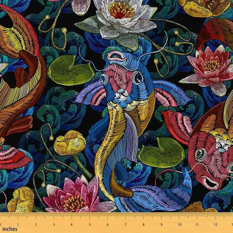 Feelyou Colored Synthetic Koi Fish Fabric by the Yd, Vintage Japanese-Style Upholstery Textile with Oriental Floral Water Lily Pattern for Chairs, Sofas, Colored Synthetic Fabric
