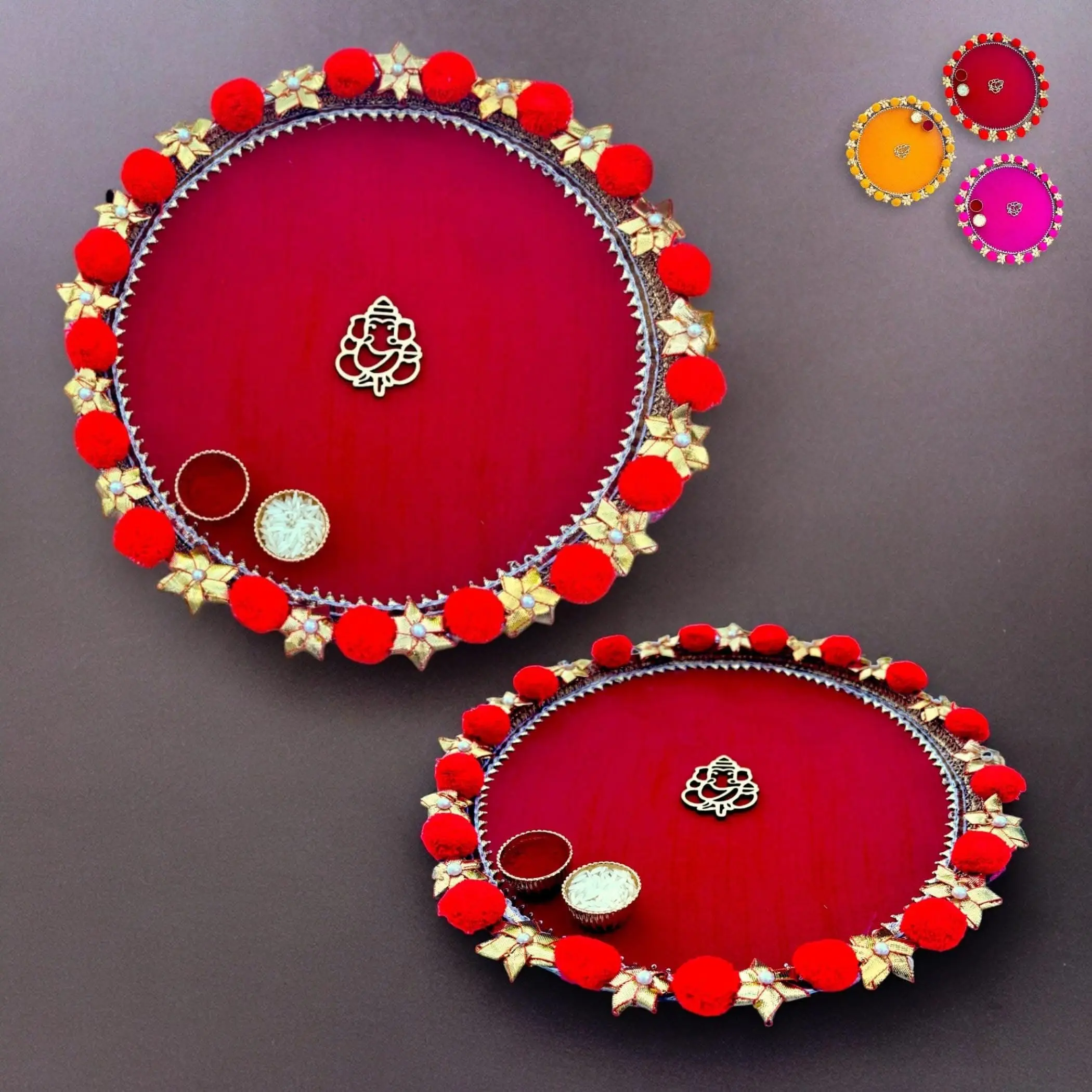 LoveNspire Traditional Stainless Steel Pooja Thali Set - 11 in Handmade Velvet Aarti Plate with Pompom Trim, Ganesha Motif, Durable Stainless Build, Thoughtful Design for Aarti Rituals, Diwali Gifting