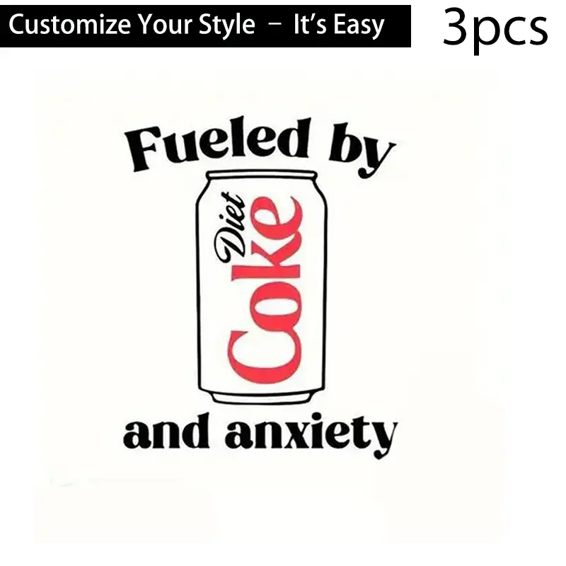 3pcs Diet Coke and Anxiety Heat Transfer Stickers, High-Definition, Tear-Resistant, DIY Iron-On Decals, Durable Plastic for T-Shirts, Pillows, Backpacks, Cushions, Pants, Sofa Covers - Waterproof