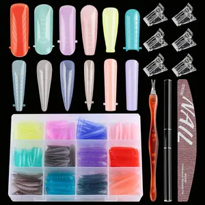 288Pcs Polygel Nail Form Kit 12 Color 12 Sizes Reusable Nail Extension Mold Dual Forms with 6Pcs Nail Clips, Dual-Head Brush Pen, Nail File & Cuticle Pusher for Beginners