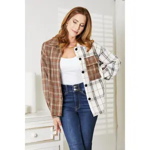 Women's Plaid Contrast Button Up Shirt Jacket, Collared, Long Sleeve, Button Front Jacket, Pocket Design, Drop Shoulder, Button Up Outerwear, Women's Clothing, Casual, Comfort