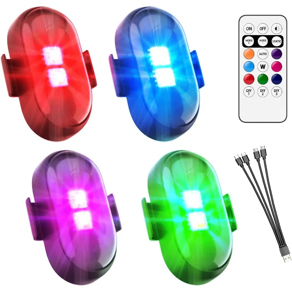 2025 Upgrade Wireless LED Lights For Car, Trucks, eBike, Motorcycle-4PCS Interior Ambient Strobe Light with Remote, USB-C 80 Hours 8 Colors IP65 Waterproof Rechargeable Underglow Light