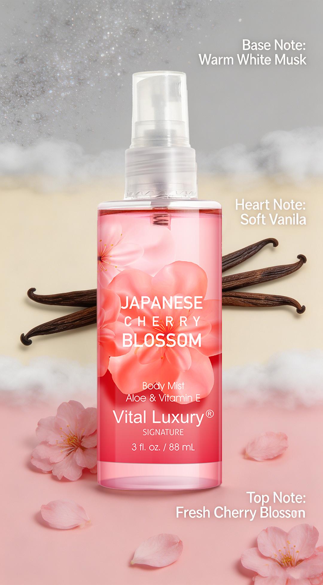Mother's Day Gift-Vital Luxury Japanese Sakura Bath &Body Travel Set  – 3oz Shower Gel, 3oz Body Lotion, 3oz Body Mist | Silky Lather, All-Day Freshness, Moisturizing & Revitalizing | Ideal Gift for Mom, Wife, Sister & Girlfriend