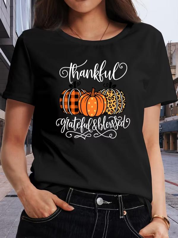 Women's Casual Short-Sleeve T-Shirts - Breathable, Soft, Medium-Stretch, Comfortable, Regular Length, Cartoon Pumpkin Art Font Print Pattern, Cartoon Style, Everyday Style, Ideal Gift for Women