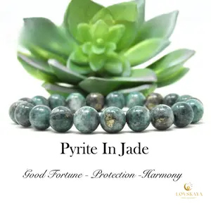 LOVSKAYA Hybrid Pyrite-in-Jade Non-Natural Crystal Bead Bracelet - Unisex Green Jade Jewelry for Adults, Chakra Aligner for Good Fortune & Protection, Green Jade Bracelet, Jade Green Jewelry