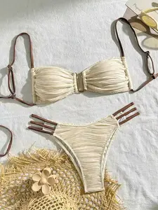 Two-Piece Set Women's Plain Set, Casual Fashion Chic Swimsuit Set for Beach Holiday Vacation, Ladies Swimwear for All Seasons, Tie Back Bikini