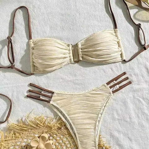Two-Piece Set Women's Plain Set, Casual Fashion Chic Swimsuit Set for Beach Holiday Vacation, Ladies Swimwear for All Seasons, Tie Back Bikini, Beach Bikinis, Bathing Suit