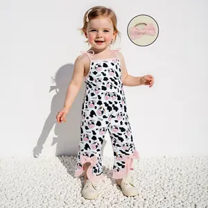 Toddler Baby Girl Summer Outfit Bee Cow Print Ruffled Trim Sleeveless Bell Bottom Jumpsuit and Bow Headband 2 Pcs Set