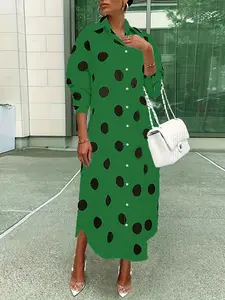 Plus Size Women's Large Polka Dot Long Shirt Dress, Loose Fit Reversible Collar Irregular Hem Asymmetrical Open Front Dress, Casual Fashion Womenswear, Casual Everyday Wear