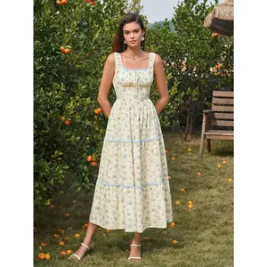 Square Neck Lace Trim Backless Smocking Cake Dress, For Outdoor Picnics, Garden Afternoon Tea, Sweet Girl Style Pastoral Dress.