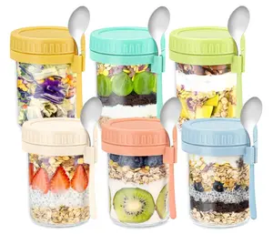 6 Pack Overnight Oats Containers with Lids and Spoons 16 Oz Glass Mason Jars for Overnight Oats Leak Proof Oatmeal Container Great for Cereal Fruit Vegetable Milk Salad Yogurt Meal Prep