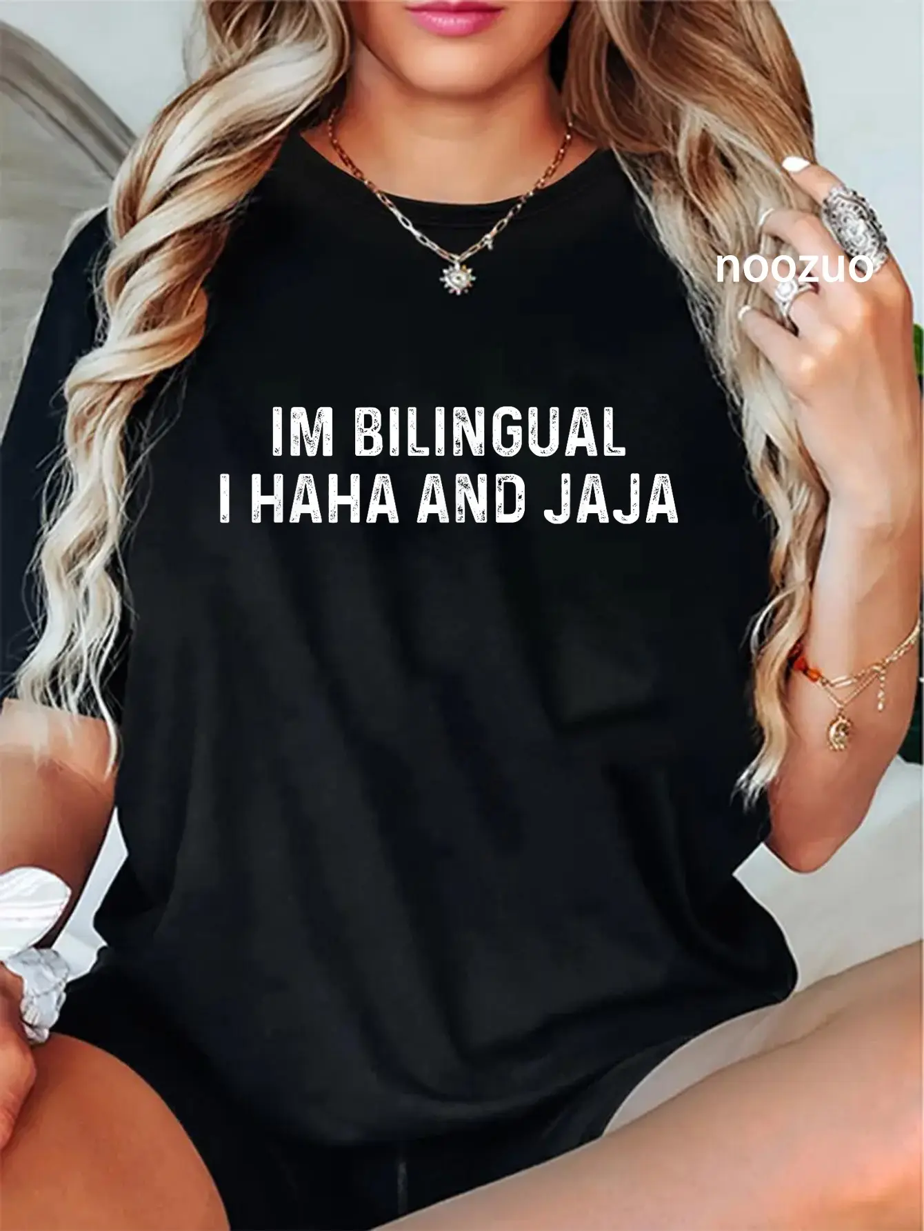 Women's Vintage Graphic T-Shirt, 100% Cotton Casual Short Sleeve Round Neck Tee with Funny 'Haha and Jaja' Spanglish Humor Design