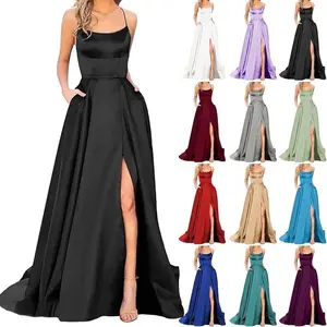 Women Long Dresses Elegant Backless Satin Spaghetti Party Prom Dress Side Slit Wedding Evening Party Dress with Pockets