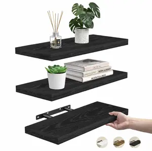 16 inch 3 pack wood floating shelves, wall mounted hanging shelves for bathroom, bedroom, living room, kitchen, 22 lbs capacity, decorative wall shelves, 16 x 6.7 x 1.1 inch, set of 3, black