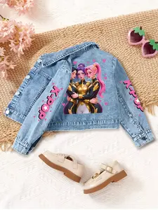 Trendy Girls' Denim Jacket, Back Printed Design, Spring & Fall Wear, Casual Style, Loose Fit, Perfect for Daily, Casual Jackets