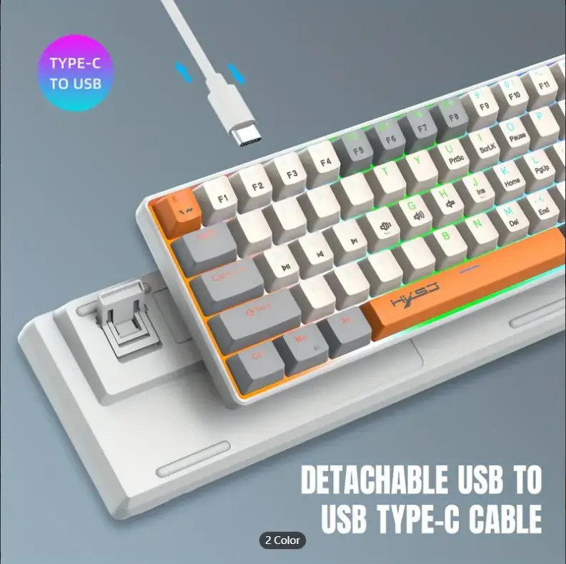HXSJ New 63-key Wired Mechanical Keyboard With Colorful Backlight, Dual-color Injection Keycaps, Three-color Blocks, Detachable Axis, USB-C Key Line Separation, Convenient Storage, Suitable For Gaming, Home And Office Use