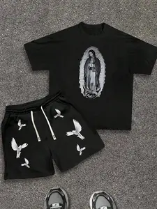 Men's Religious Virgin Mary Print Short Sleeve + Dove Shorts Set, American Street Vintage Style, Breathable Comfort, Casual Youth Fashion, Streetwear Clothes