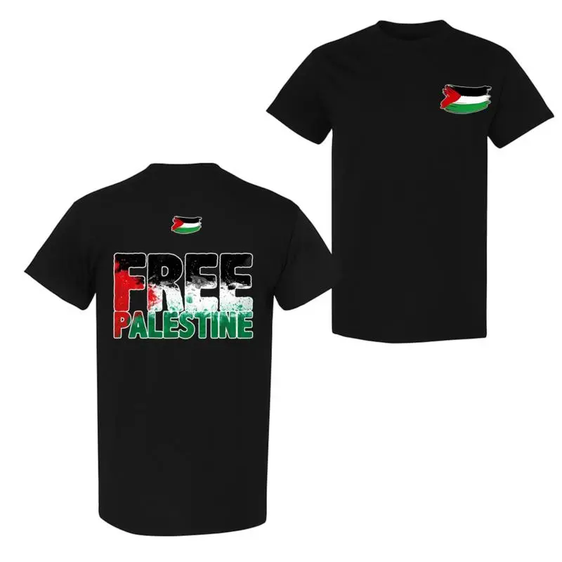 Menswear Unisex Free Palestine Print Round Neck Collars Classic Statement Tee - Comfortable Cotton, Bold Solidarity Graphic, Casual Ribbed Short-Sleeve Tapered Apparel Gift