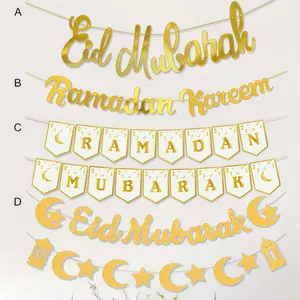 1set Gold EID Mubarak Banner Ramadan Kareem Banner Party Decorations Supplies Star Moon Hanging Ornament Umrah Mubarak Decoration for Home Star And Moon Theme