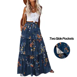 Womens Casual Maxi Skirts for Women 2026 High Waist Boho Skirts Floral Printed Long Flowy Skirt with Pockets Womenswear Bohemian Beach Flared 2026 Spring