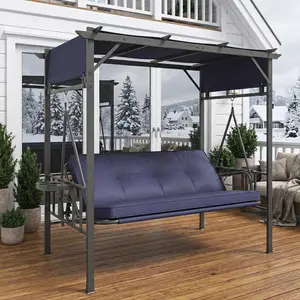 2-in-1 Convertible 3-Person Porch Swing Bed, Outdoor Heavy-Duty Metal Patio Swing Bench with Cloud Hammock Chair & Built-in Cup Holders, Stylish Garden Swinging Arbour for Backyard & Deck (Dark Blue)